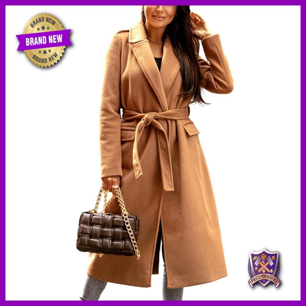 Long Wool Peacoat Open Front Trench Coat Self Belt Classic Elegant Winter